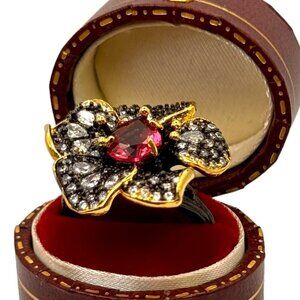 NEW Flower Cocktail Ring Sz.7 14K Black Gold Over S925 Silver Orchid Glam Fairy